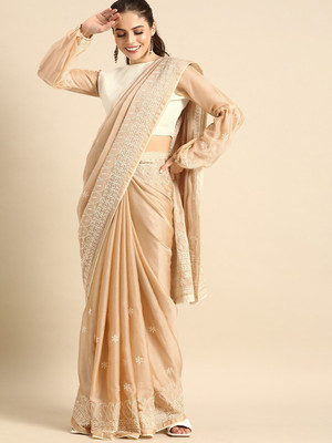 Sangria Embroidered Bollywood Silk Blend Saree(Cream)