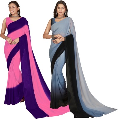 kashvi sarees Striped Bollywood Georgette Saree(Pack of 2, Purple, Black, Pink, Grey)