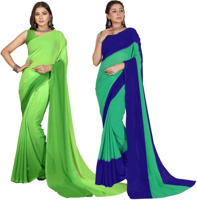 Anand Sarees Color Block, Ombre Bollywood Georgette Saree(Pack of 2, Dark Blue, Light Blue, Green, Light Green)