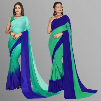 Anand Sarees Ombre, Striped, Dyed Bollywood Georgette Saree(Pack of 2, Dark Blue, Light Blue, Green, Blue)