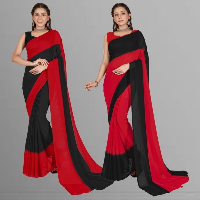 Anand Sarees Ombre, Striped, Dyed Bollywood Georgette Saree(Pack of 2, Red, Black)