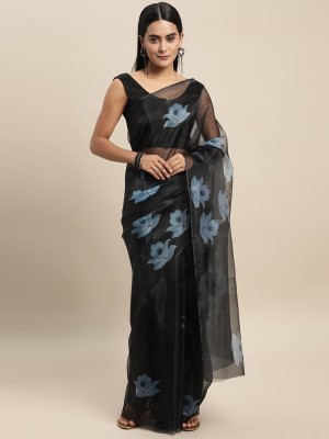 Blissta Floral Print Bollywood Organza Saree(Dark Blue)