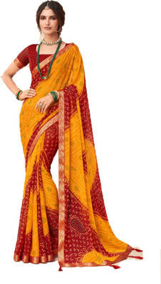 Kasak Printed Bandhani Chiffon Saree(Red, Orange)