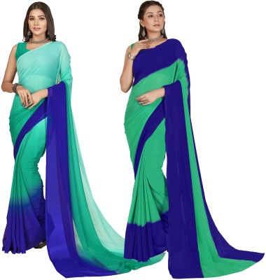 Anand Sarees Color Block, Ombre Bollywood Georgette Saree(Pack of 2, Dark Blue, Light Blue, Green, Blue)
