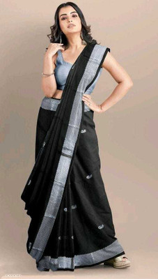 MQTRADERS Self Design Assam Silk Cotton Silk Saree(Silver, Black)