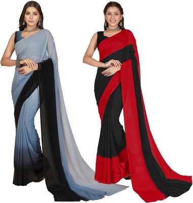 Anand Sarees Color Block, Ombre Bollywood Georgette Saree(Pack of 2, Red, Black, Grey)