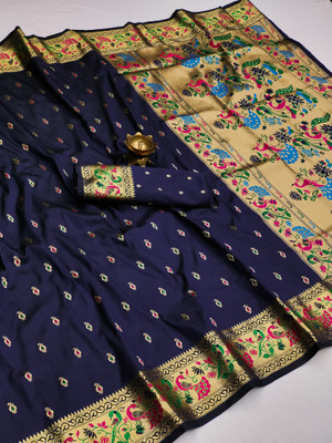 LeeliPeeri Designer Animal Print Paithani Silk Blend Saree(Blue)