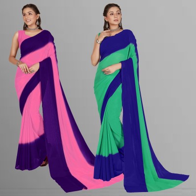 Anand Sarees Ombre, Striped, Dyed Bollywood Georgette Saree(Pack of 2, Purple, Dark Blue, Light Blue, Pink)