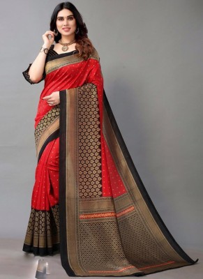 Spacekart Printed Chanderi Art Silk Saree(Red, Black)