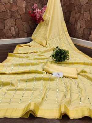 VILLAGIUS Embroidered, Embellished, Applique Bollywood Pure Silk, Chiffon Saree(Yellow)