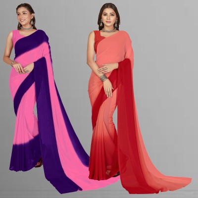 kashvi sarees Ombre, Striped, Dyed Bollywood Georgette Saree(Pack of 2, Purple, Red, Pink)