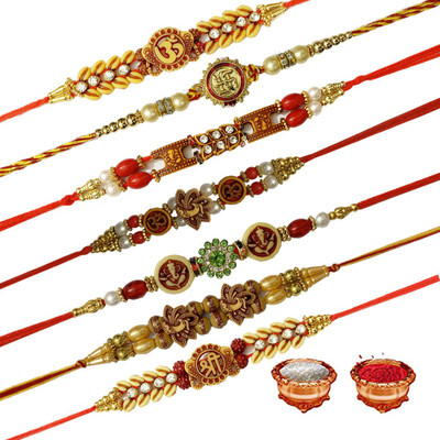 Pawandeep Thread RAKHI-S10-S11-S1-S2-S3-S4-S5 Zardosi Chawal Roli Pack  Set(7 RAKHI, 1 ROLI CHAWAL PACK)