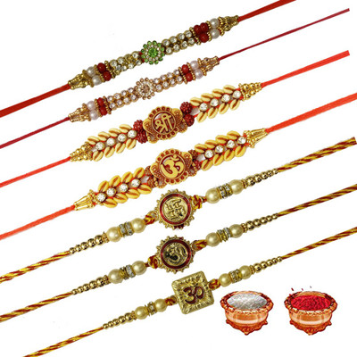 MaaPrints Thread RSKHI-S3-S4-S5-S6-S7-S8-S9 Zardosi Rakhi  Set(7 RAKHI, 1 ROLI CHAWAL)