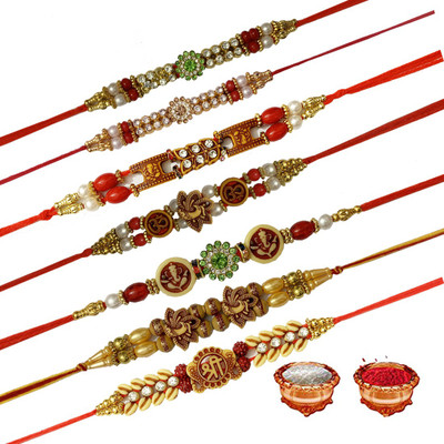 MaaPrints Thread RAKHI-S8-S9-S10-S11-S1-S2-S3 Zardosi Rakhi  Set(7 RAKHI, 1 ROLI CHAWAL)