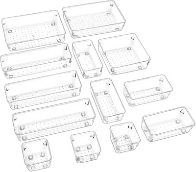 ON GATE 13 Compartments Plastic Desk Drawer Organizer Storage Container for Makeup Kitchen Office 1Pc (Clear)(Clear)