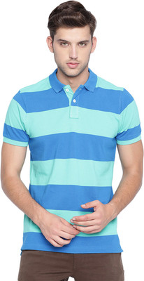 BASICS Striped Men Polo Neck Green T-Shirt