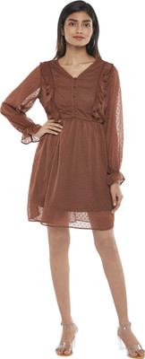 Honey By Pantaloons Women A-line Brown Above Knee/Mid Thigh Length Dress