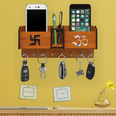 Mane Deco Modern Design Swastik & OM Wall Key Holder with Stand & 2 Multipurpose Pockets, Wood Key Holder(8 Hooks, Brown)