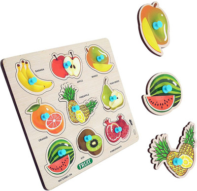 VINMOT Mini Wooden Fruits Puzzle with Knobs, Educational and Learning Game For Kids(9 Pieces)