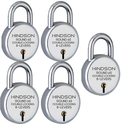 HINDSON Round 65mm 8 Levers with 3 Keys Padlock Silver Finish Lock (pack 5) Padlock(Silver)