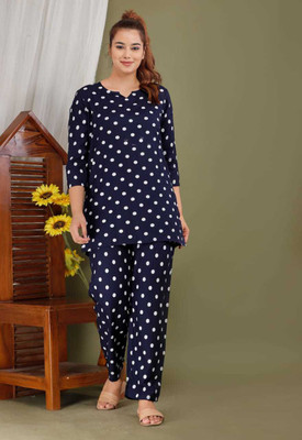 Pinkshierd Women Polka Print Dark Blue Night Suit Set