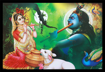 Mmory Beautiful Decorative Radha Krishna Wall Decor Art Painting Digital Reprint 9 inch x 12 inch Painting(With Frame)