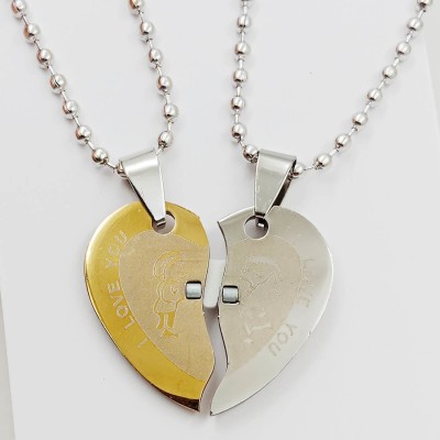 NNPRO Lovely Couple I Love You Heart Shape Broken Magnet Couple Dual Pendant Silver, Rhodium Stainless Steel Locket