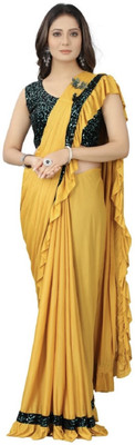S S CREATION Embellished Bollywood Lycra Blend Saree(Mustard)