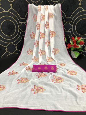 DHRUV CREATION Embroidered Chanderi Cotton Blend Saree(White)