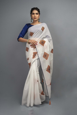 DHRUV CREATION Embroidered Chanderi Cotton Blend Saree(White)