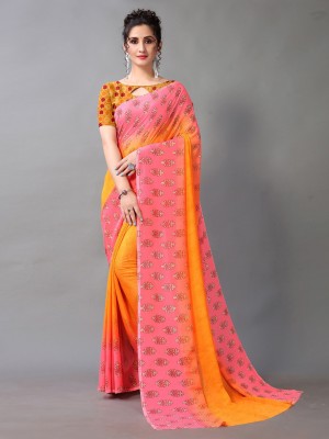 Shaily Retails Printed Daily Wear Georgette Saree(Orange, Pink)