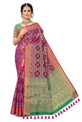 COSBILA FASHION Woven Banarasi Silk Blend, Jacquard Saree(Magenta)