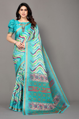 FABMORA Printed, Striped Leheria Cotton Blend Saree(Multicolor)