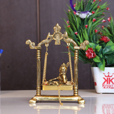 KridayKraft Laddu Gopal on Jhulla Palana Metal Statue Gold Plated metal Krishna Murti Decorative Showpiece  -  19.5 cm(Aluminium, Gold)