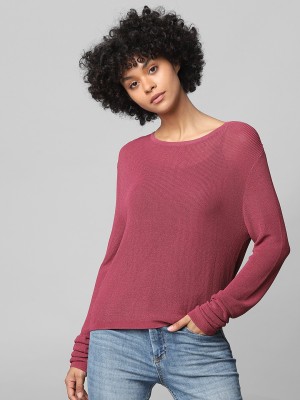 ONLY Solid Boat Neck Casual Women Pink Sweater