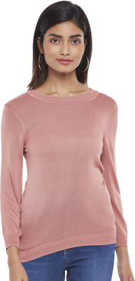 Honey By Pantaloons Solid Round Neck Casual Women Pink Sweater