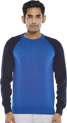 Byford by Pantaloons Colorblock Round Neck Casual Men Blue, Black Sweater