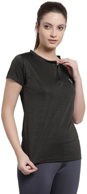 UZARUS Solid Women Henley Neck Green T-Shirt