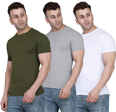 MOON IN Solid Men Round Neck Green, White, Grey T-Shirt