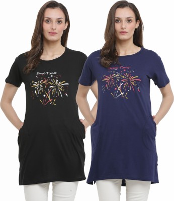 RRAVAYKI Printed Women Round Neck Black, Navy Blue T-Shirt