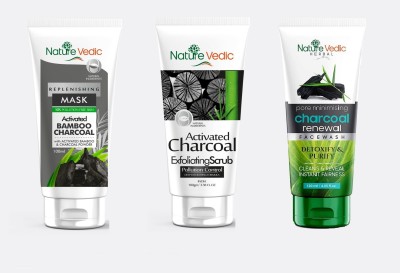 Nature Vedic Bamboo Charcoal Face Mask (100 g) + Activated Charcoal Scrub (100g) + Charcoal Face wash (120ml) for Instant Fairness(3 Items in the set)