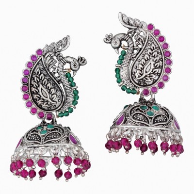 SPARGZ Antique Peacock Festive Wear Silver Plated For Women Ruby, Beads Alloy Jhumki Earring