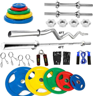 HACKERX 30 kg Metal Integrated Rubber Plates Three Cut 4FT Curl 4FT Straight 28mm Rods Home Gym Combo