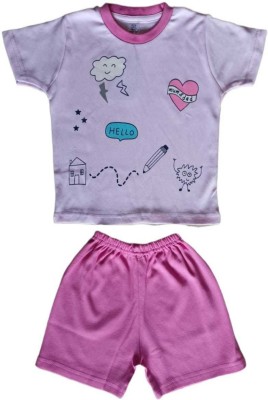 IVAAN CREATION Baby Boys & Baby Girls Printed Pink Top & Shorts Set