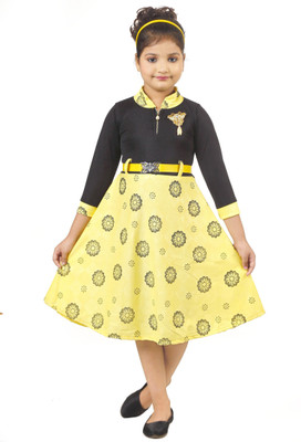 MEHZIN Girls Below Knee Casual Dress(Yellow, 3/4 Sleeve)