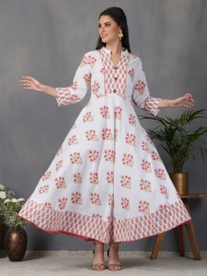 METRO-FASHION Women Printed, Floral Print Ethnic Dress Kurta(White, Gold, Pink)