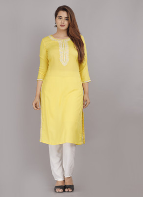 BHAGLI Women Embroidered Straight Kurta(Yellow)