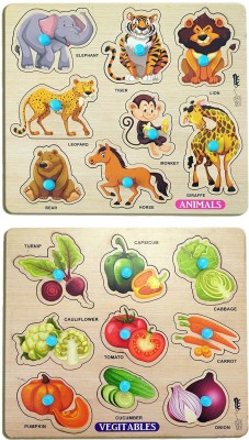 Enorme Mini Wooden Animals and Vegetables Puzzle with Knobs Game For Kids(2 Pieces)