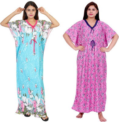 NACNO Women Nighty Set(Blue, Pink)