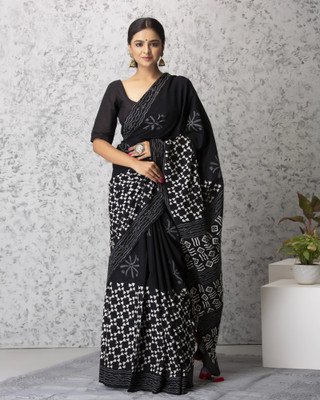 hastshilpi Printed, Color Block, Blocked Printed Daily Wear Pure Cotton Saree(White, Black)